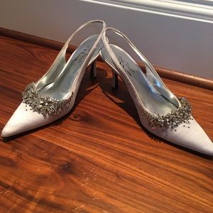 Silver beaded formal sling back heels